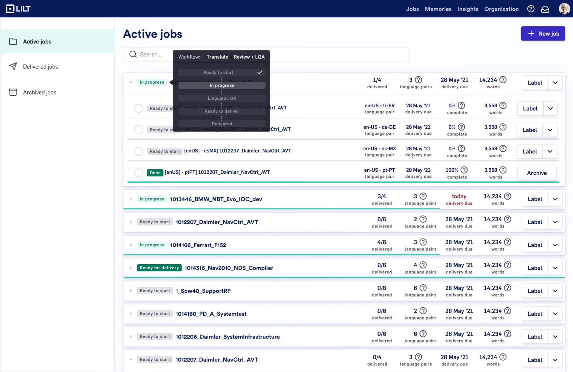 LILT workflow interface showing active jobs with different workflow stages and progress tracking