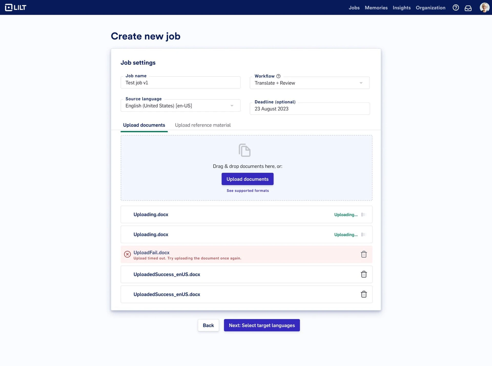LILT job creation interface showing workflow configuration