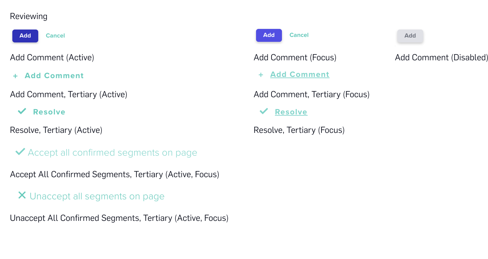 Interface inventory showing inconsistent button states and styling variations across LILT platform